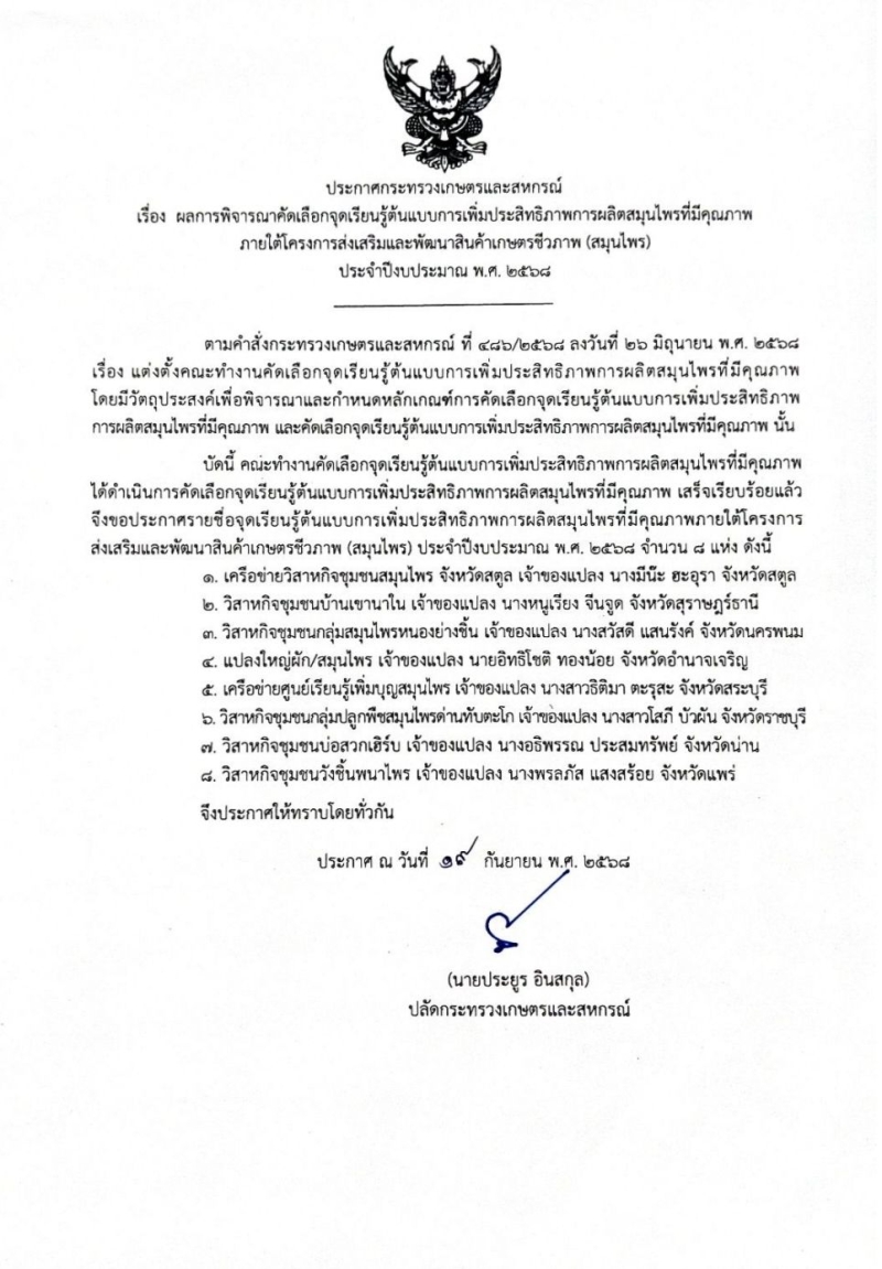 การประกาศผลการพิจารณาคัดเลือกจุดเรียนรู้ต้นแบบ