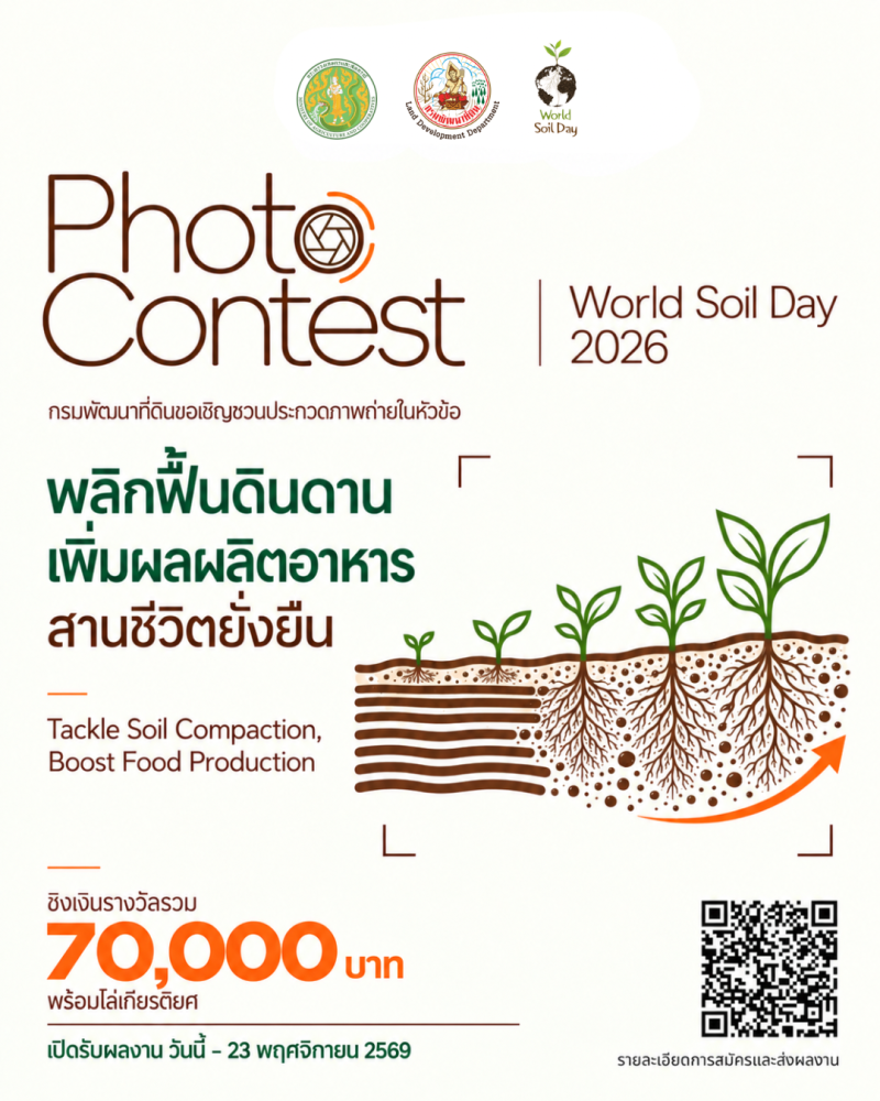กรมพัฒนาที่ดิน เปิดเวทีประกวดภาพถ่ายวันดินโลก 2569 ชิงรางวัลกว่า 70,000 บาท ภายใต้แนวคิด “พลิกฟื้นดินดาน เพิ่มผลผลิตอาหาร สานชีวิตยั่งยืน”